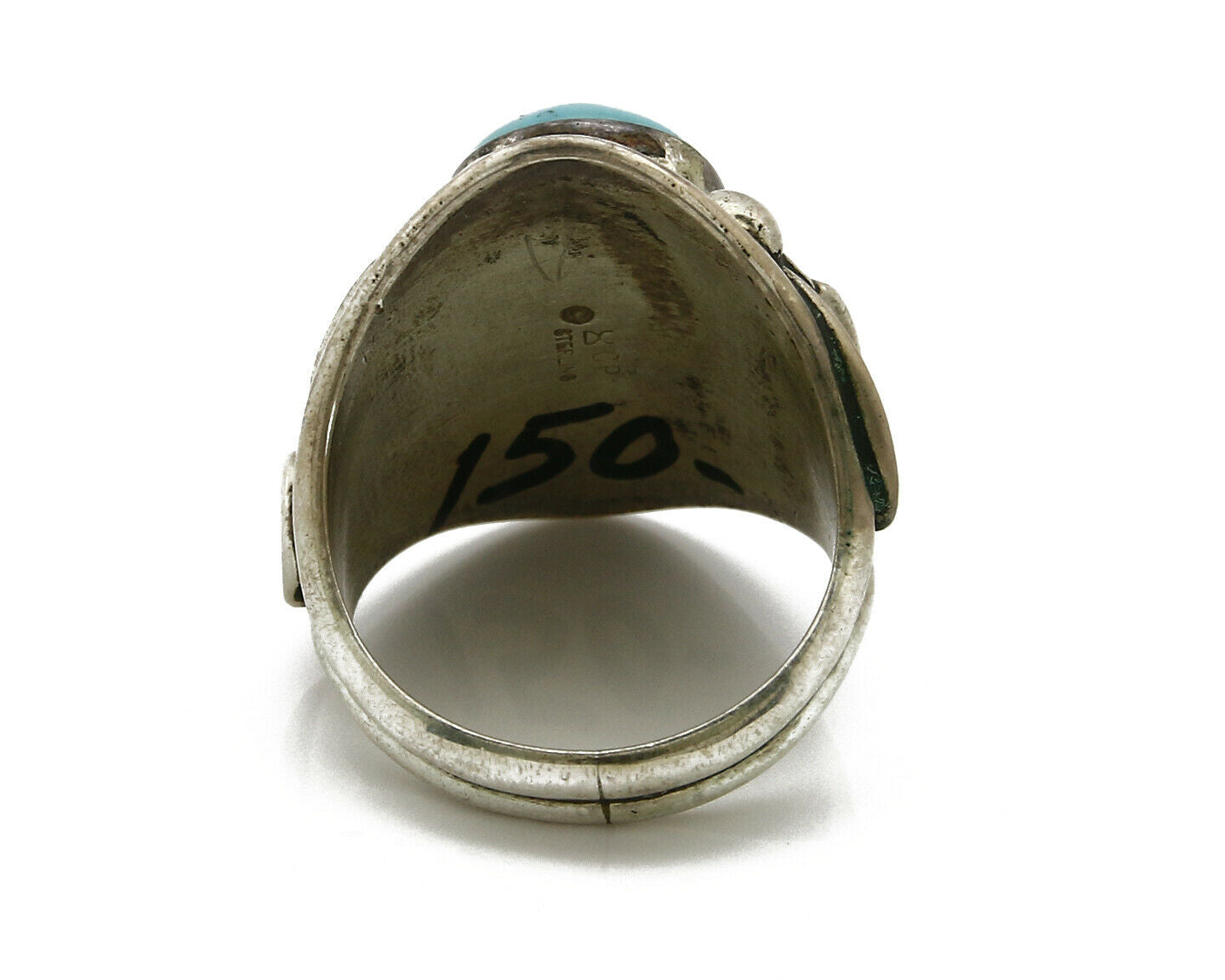 Men's Navajo Ring .925 Silver Natural Turquoise Handmade C.80's Signed CP