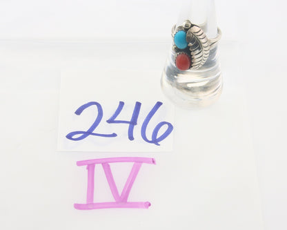 Navajo Ring 925 Sterling Natural Coral & Turquoise Signed BB C.80's Size 7.0