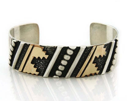 Navajo Cuff Bracelet 925 Sterling Silver & Gold Vintage Signed T Singer