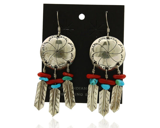 Navajo Earrings 925 Silver Turquoise & Coral Native American Artist C.80's
