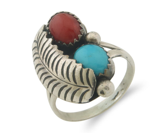 Navajo Ring 925 Sterling Natural Coral & Turquoise Signed BB C.80's Size 5.75
