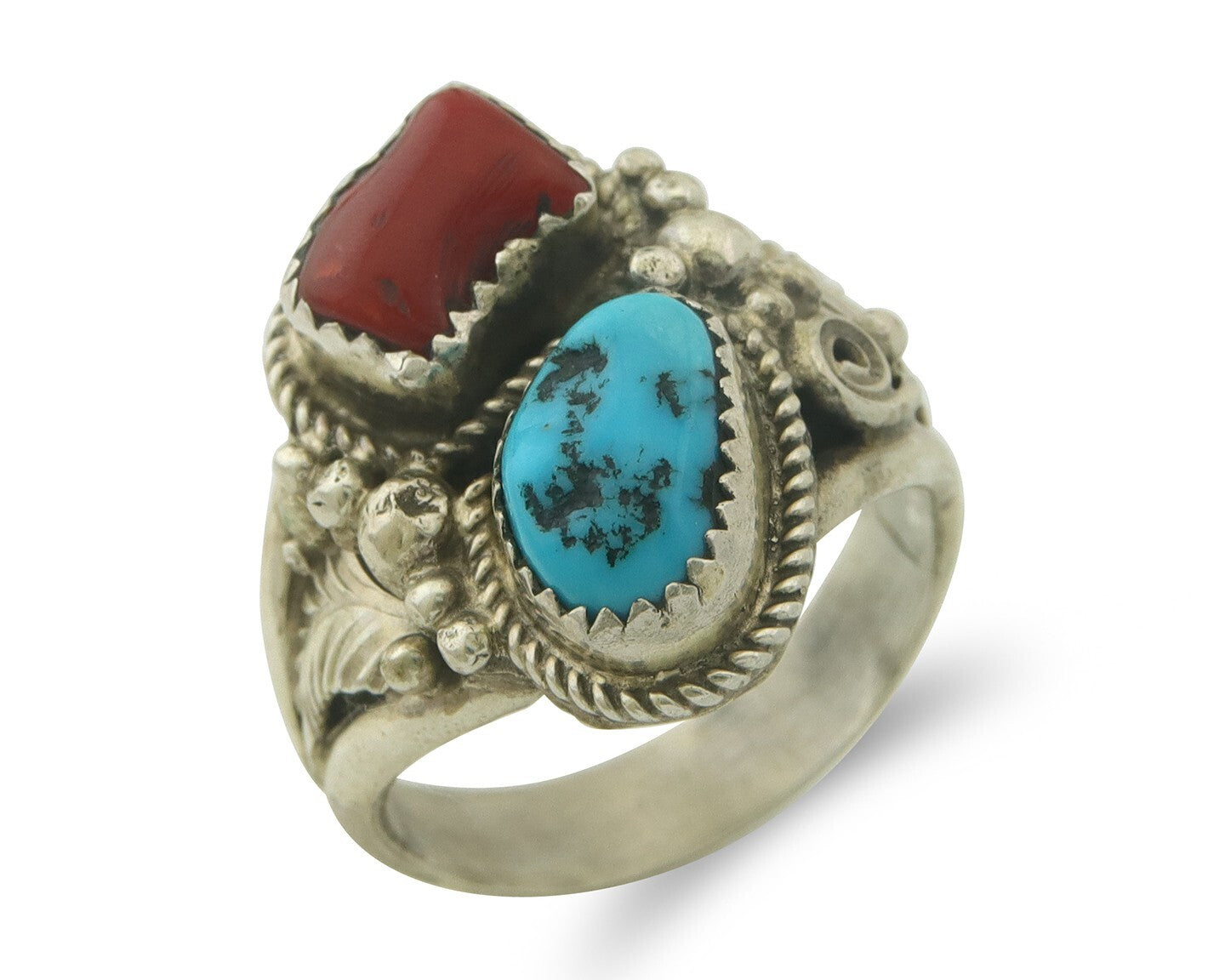 Men Navajo Ring 925 Sterling Natural Coral & Turquoise Signed JM C.80's Sz 11.5