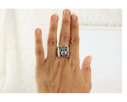 Men Navajo Ring Sterling Silver Vintage Gemstones Signed HM & JB Size 9.0