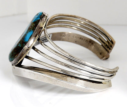 VTG NAVAJO NATIVE AMERICAN NATURAL HAND CUT TURQUOISE HANDMADE .925 SILVER CUFF