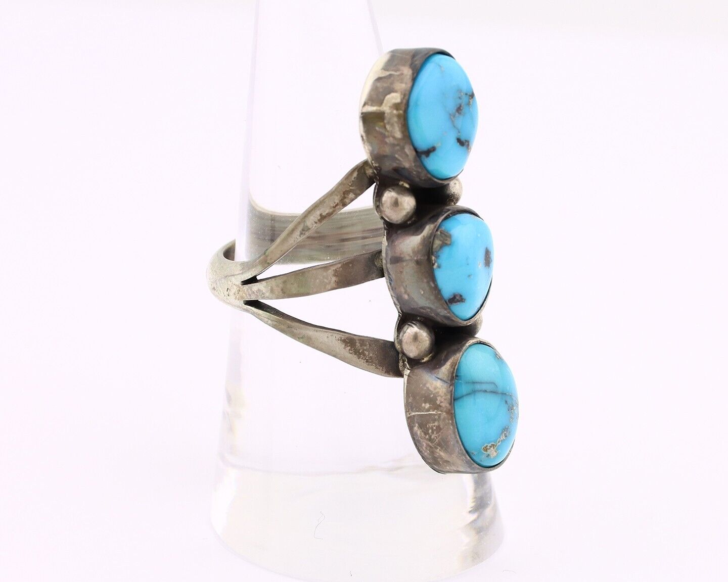 Navajo 3 Stone Ring 925 Silver Blue Turquoise Native American Artist C.80's