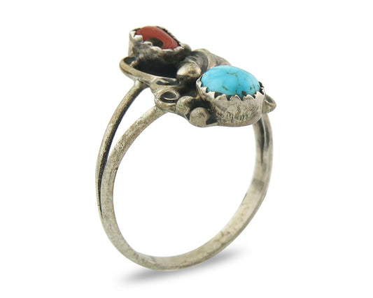 Vintage Navajo Ring 925 Sterling Silver Authentic Turquoise & Coral Size 7.0