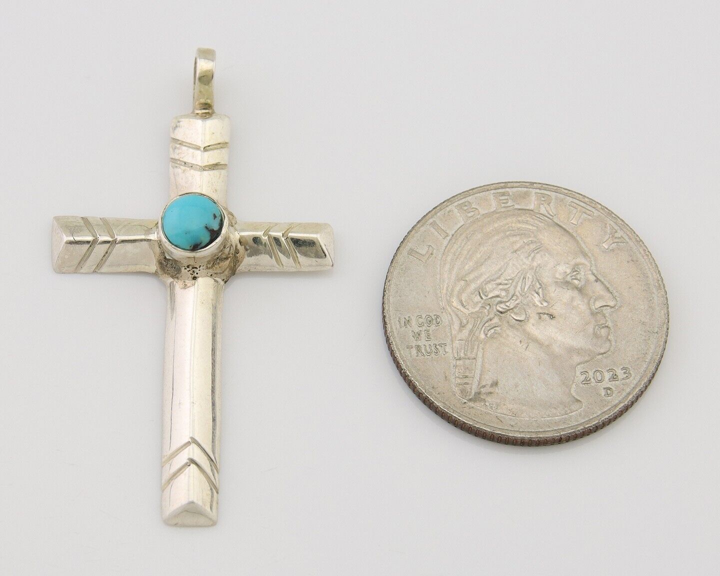 Navajo Sand Cast Cross Pendant 925 Silver Turquoise Artist Signed J Yazzie C.80s