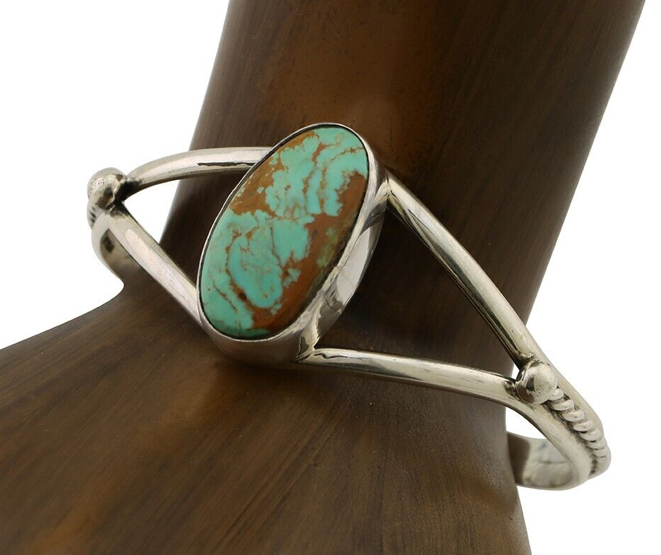 Navajo Cuff Bracelet 925 Silver Natural Blue Turquoise Artist Signed Gecko C.80s
