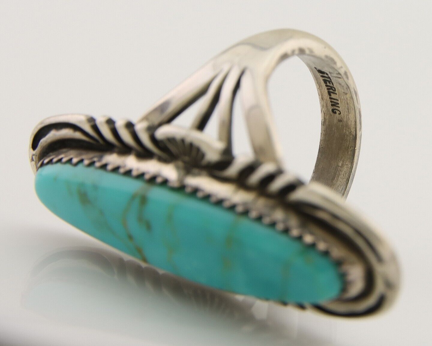 Navajo Hand Stamped Ring 925 Silver Turquoise Native Artist Begay C.80's