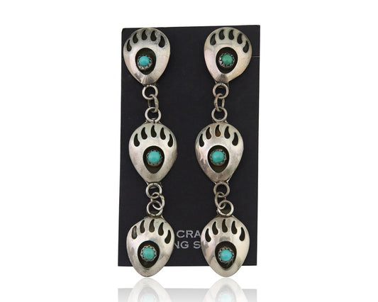 Navajo Paw Earrings 925 Silver Kingman Turquoise Native American Artist C.80's