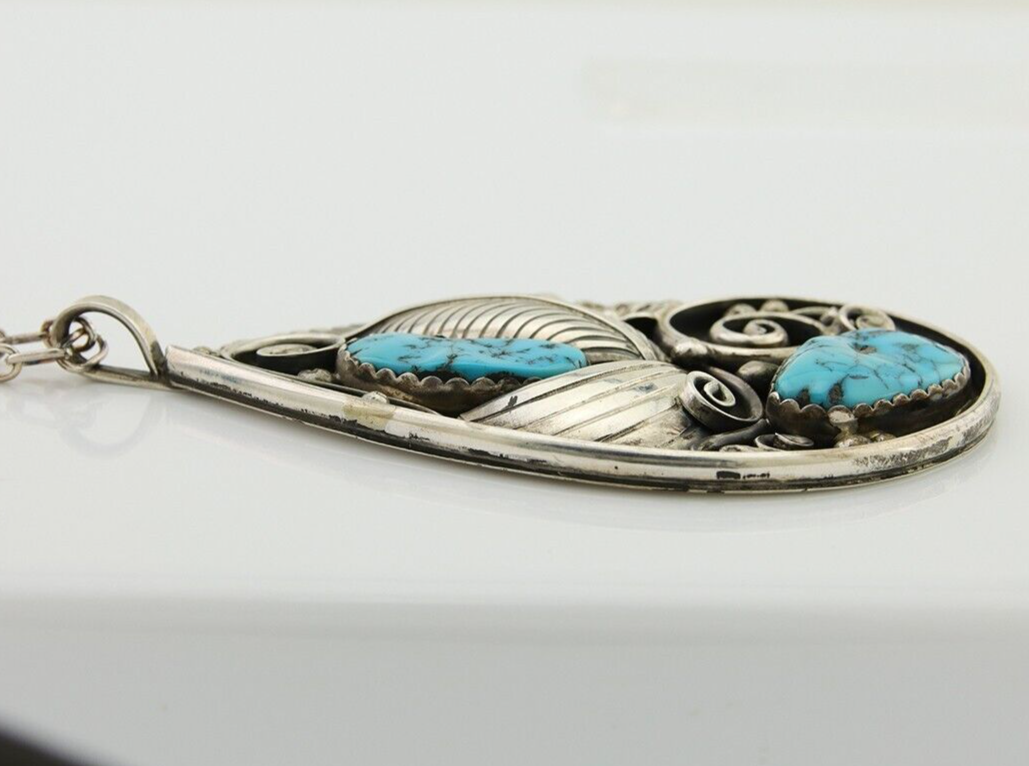 Navajo Necklace 925 Silver Natural Turquoise Artist Signed PM C.80's