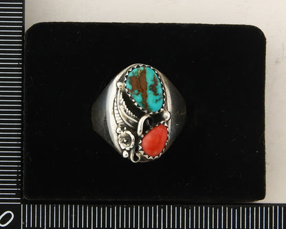 Navajo Ring 925 Sterling Turquoise & Coral Native Artist C.80's Size 8.75