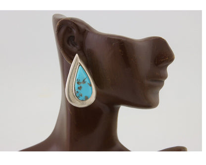 Navajo Dangle Earrings 925 Silver Natural Turquoise Signed Thomas Charay C.1988