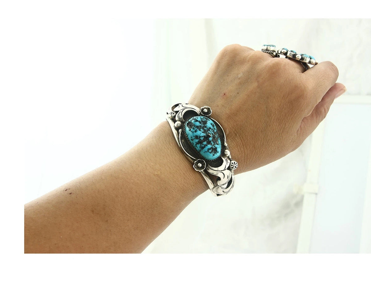 Navajo Cuff Bracelet Sterling Silver Turquoise Vintage Signed S Emerson