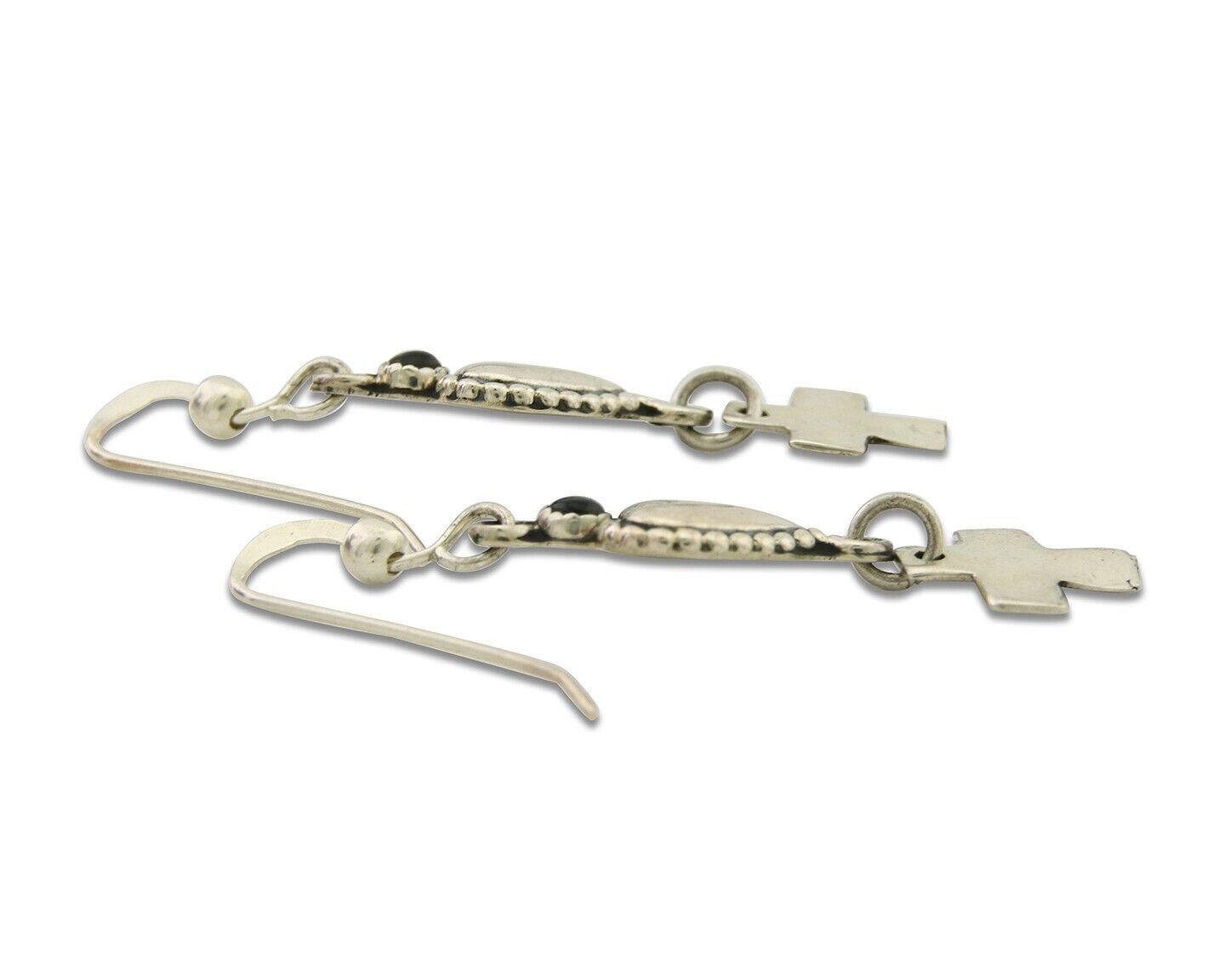 Navajo Earrings 925 Silver Heart Cross Natural Onyx Native American Artist C.80s