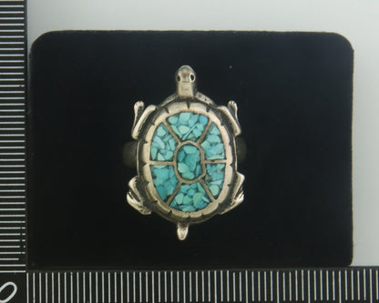 Navajo Ring 925 Silver Inlaid Turtle Turquoise C.80's Size 7.75