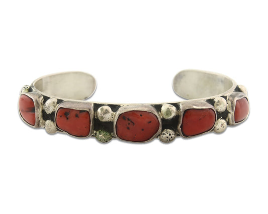 Vintage Navajo Bracelet 925 Silver Red Coral handmade Signed C Montoya