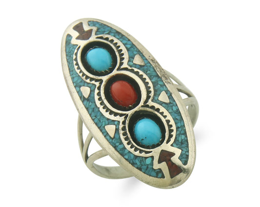 Vintage Navajo Ring 925 Sterling Turquoise & Coral Signed Circle JW Size 10