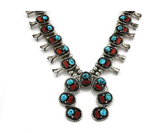 Navajo Squash Necklace Sterling Silver Turquoise & Coral Vintage Signed W C80s