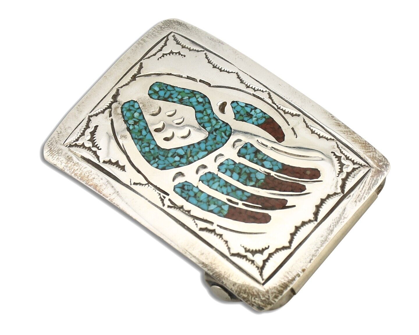 Navajo Belt Buckle .925 Silver Handmade Chip Inlay Artist Signed Begay C.80's