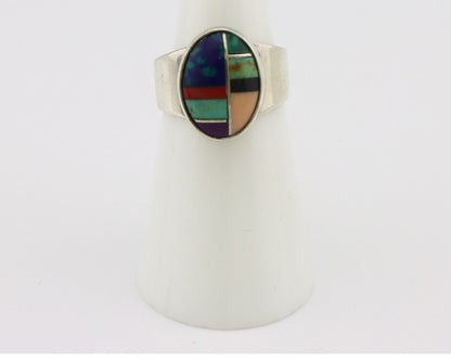 Zuni Inlaid Ring 925 Silver Mixed Natural Gemstones Native American Artist C.80s