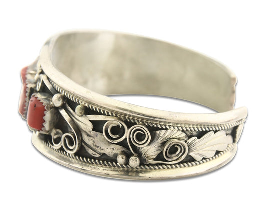 Vintage Navajo Bracelet 925 Silver Red Coral handmade Signed Justin Morris