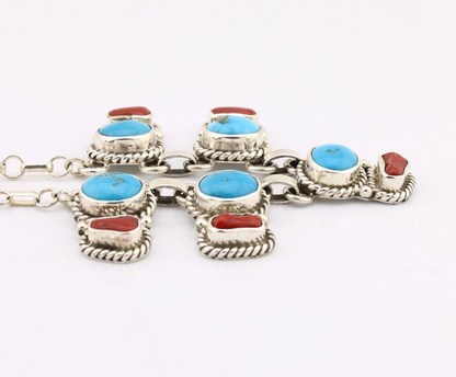 Navajo Necklace 925 Silver Natural Blue Turquoise & Coral Native American C80s