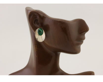 Navajo Shield Earrings 925 Silver Natural Malachite Signed Ella Peters C.80's