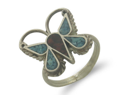 Navajo Ring 925 Silver Inlaid Butterfly Turquoise & Coral C.80's Size 5.0