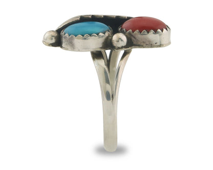 Navajo Ring 925 Sterling Natural Coral & Turquoise Signed BB C.80's Size 7.5
