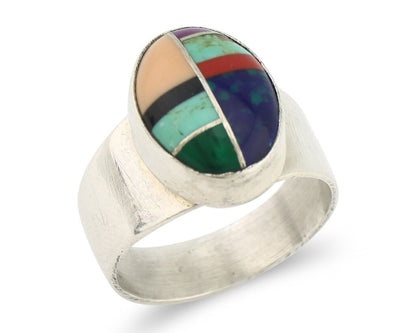 Zuni Inlaid Ring 925 Silver Mixed Natural Gemstones Native American Artist C.80s