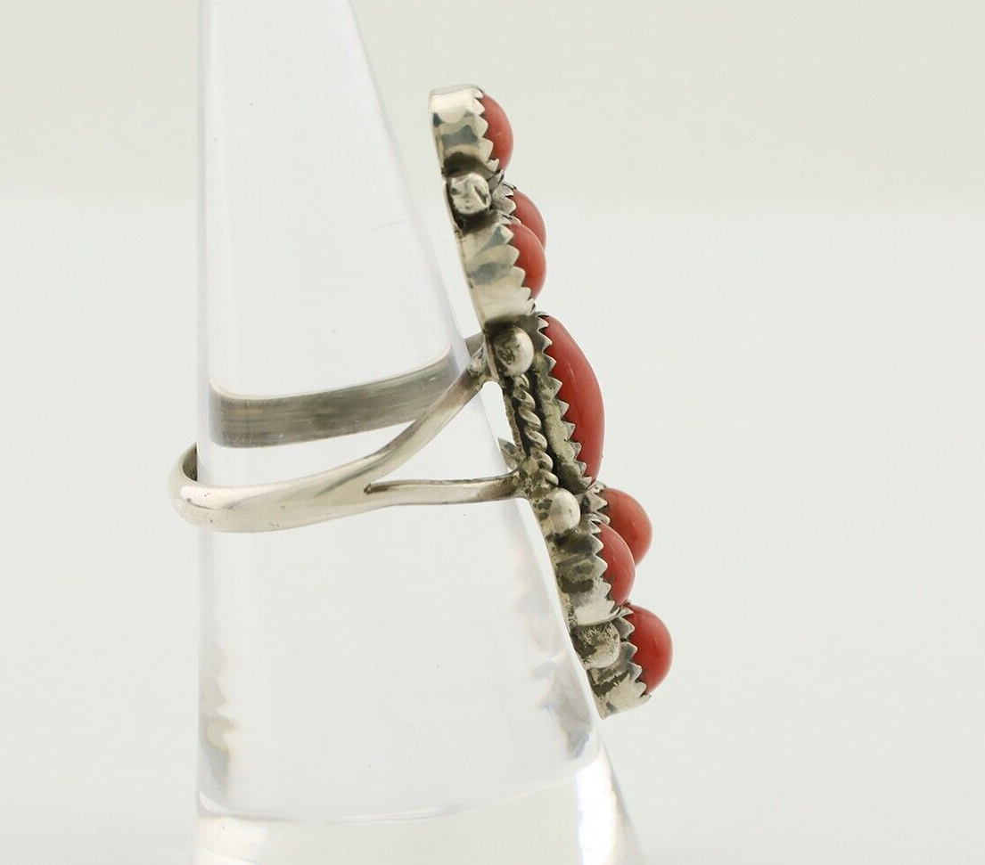 Navajo Ring 925 Silver Mediterranean Coral Native American Artist C.80's