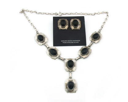 Navajo Necklace Earring Set Sterling Silver Onyx Vintage Signed Begay