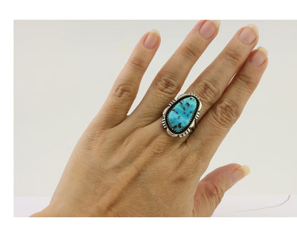 Navajo Ring 925 Silver Hand Cut Turquoise Native American Artist C.80's