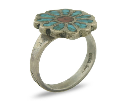 Vintage Navajo Flower Ring 925 Sterling Turquoise & Coral Signed Size 4.25