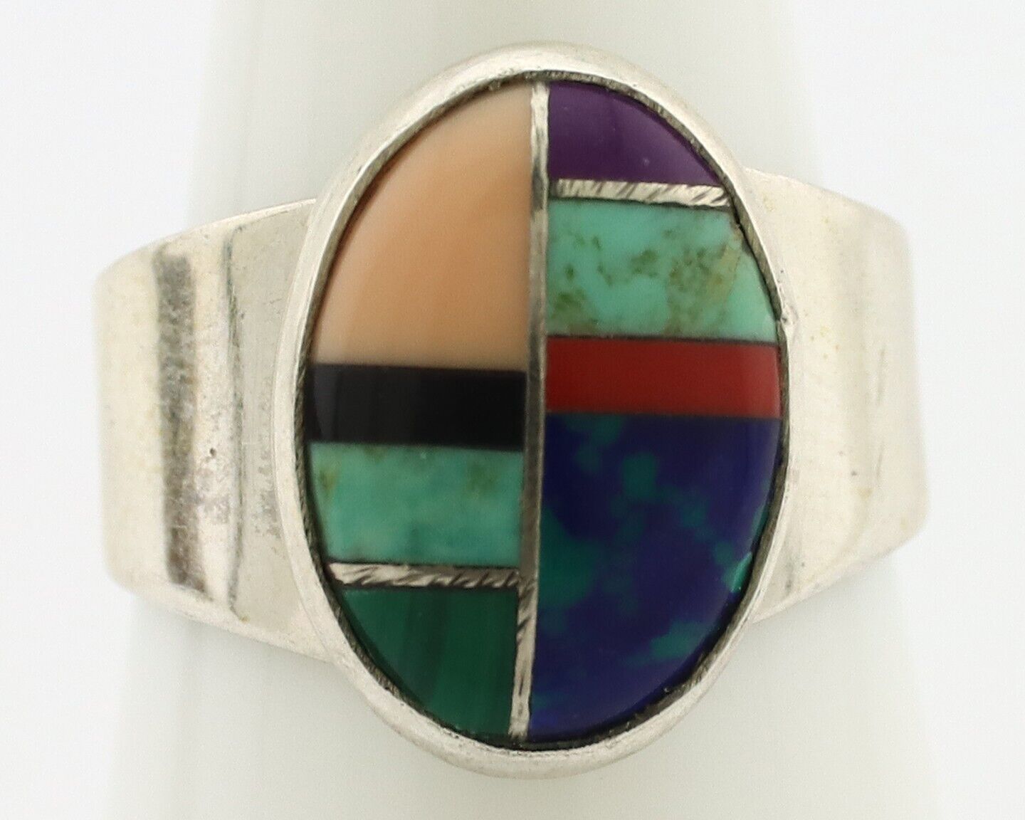 Zuni Inlaid Ring 925 Silver Mixed Natural Gemstones Native American Artist C.80s