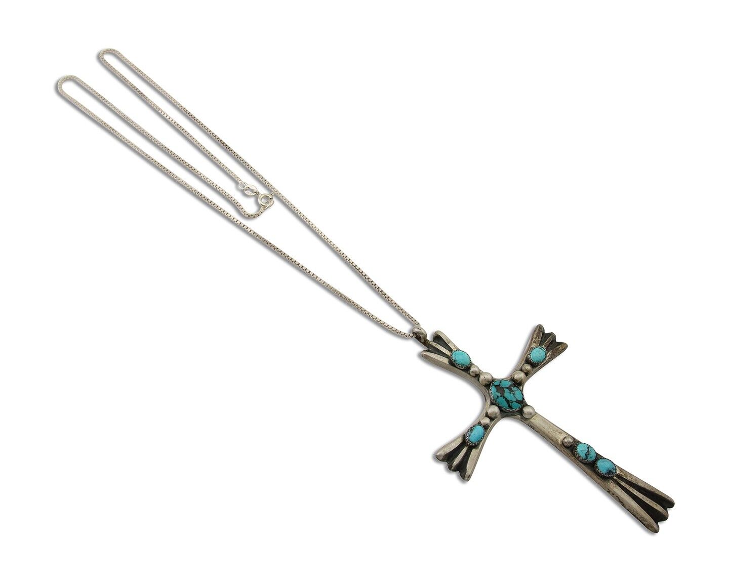 Navajo Sand Cast Cross Pendant 925 Silver Turquoise Signed RJ SILVERSMITHS C.80s