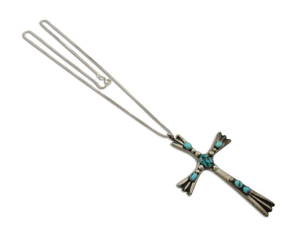 Navajo Sand Cast Cross Pendant 925 Silver Turquoise Signed RJ SILVERSMITHS C.80s