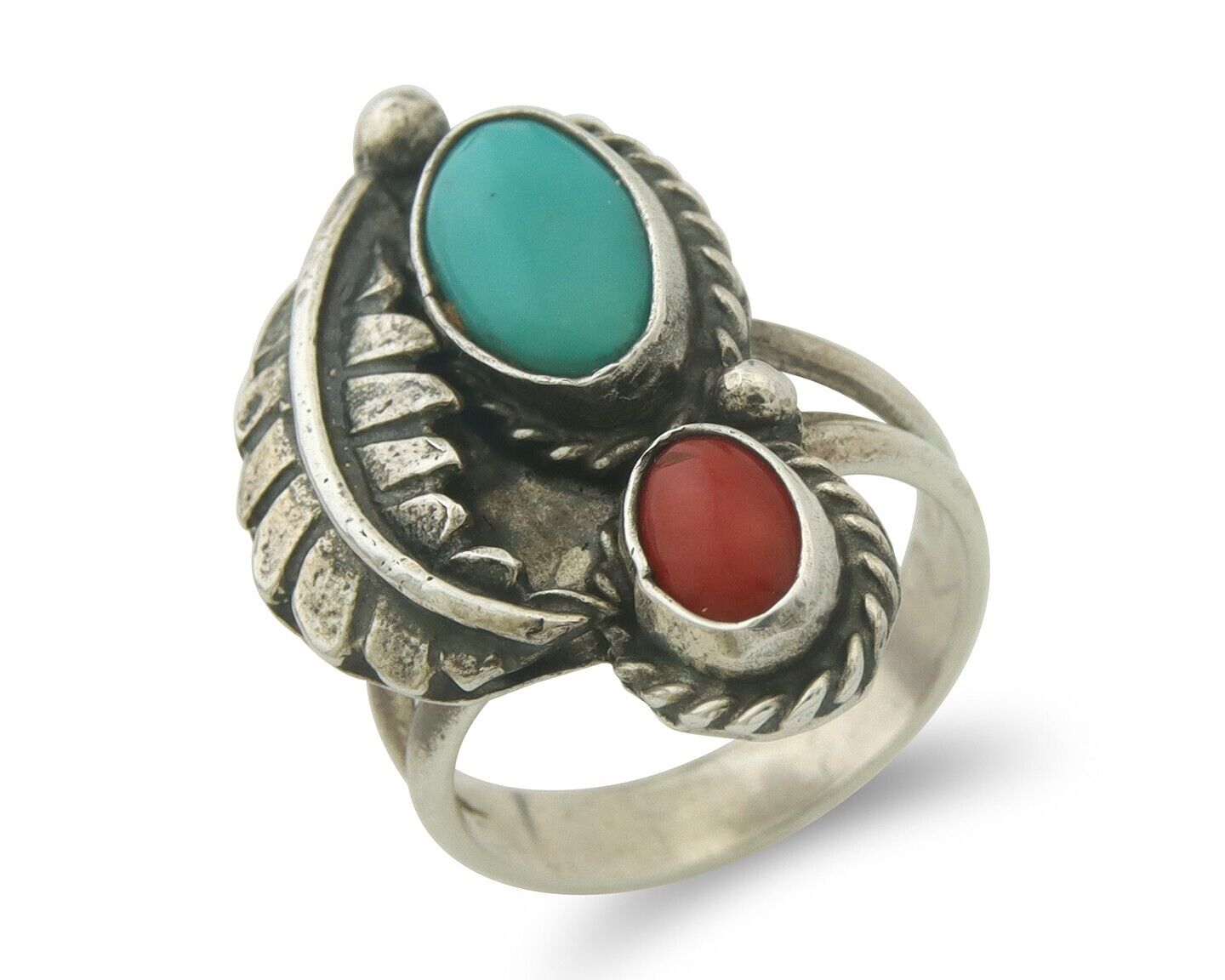 Navajo Ring 925 Sterling Natural Coral & Turquoise Signed EH C.80's Size 6.0