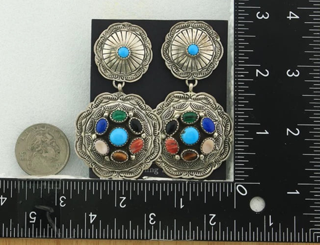 Navajo Concho Earrings Sterling Silver Natural Gemstones Vintage Handmade