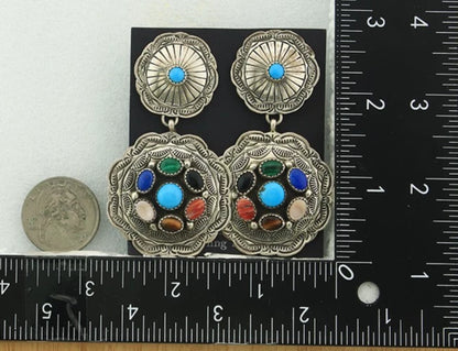 Navajo Concho Earrings Sterling Silver Natural Gemstones Vintage Handmade