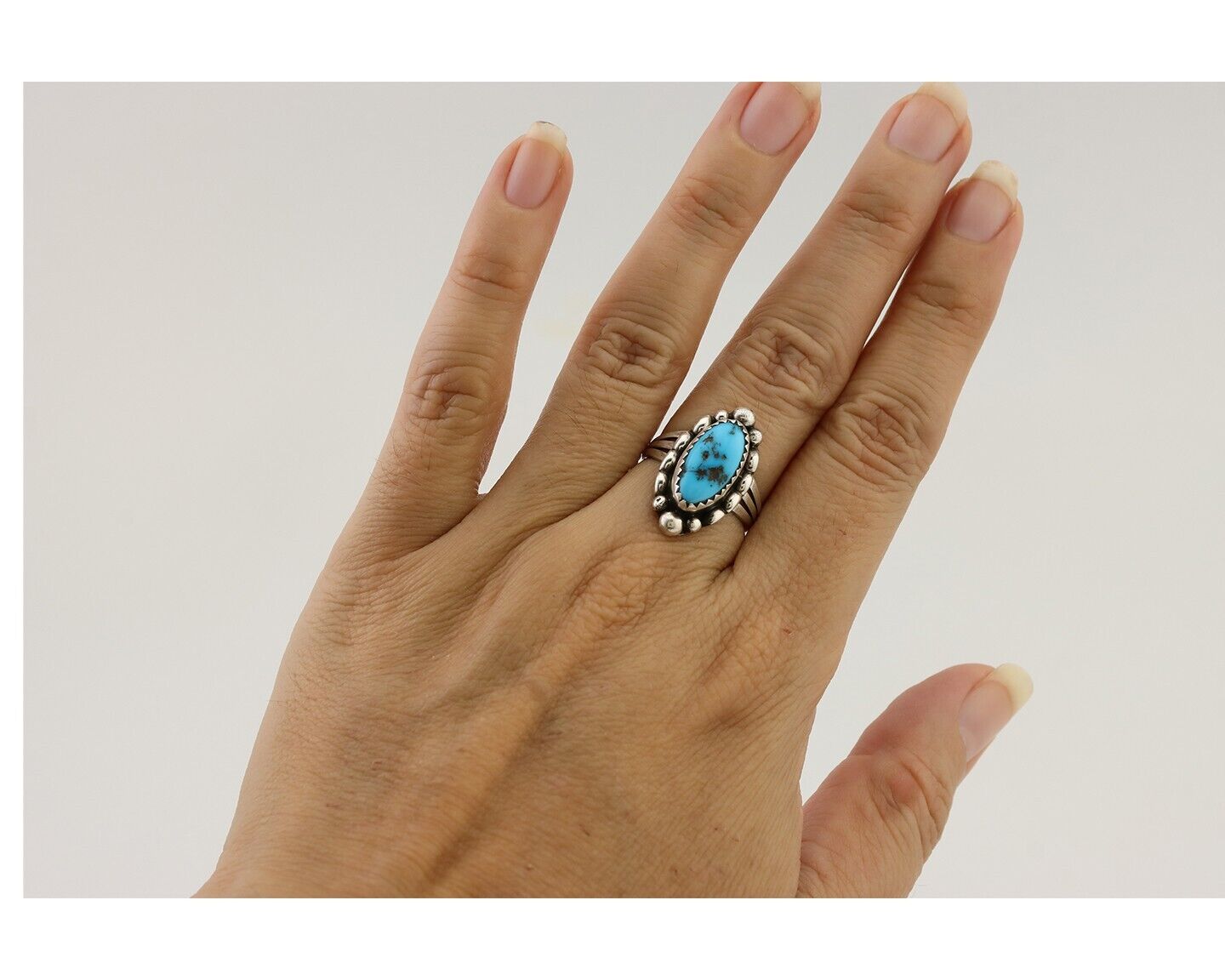 Navajo Ring 925 Silver Sleeping Beauty Turquoise Artist Signed SC C.80's