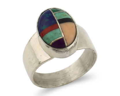 Zuni Inlaid Ring 925 Silver Mixed Natural Gemstones Native American Artist C.80s