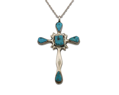 Zuni Cross Necklace 925 Silver Natural Blue Turquoise Native American Artist C80