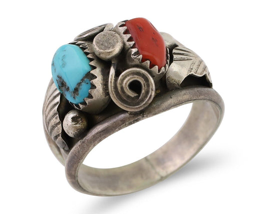 Navajo Ring 925 Silver Natural Coral Turquoise Natural American Artist C.80's