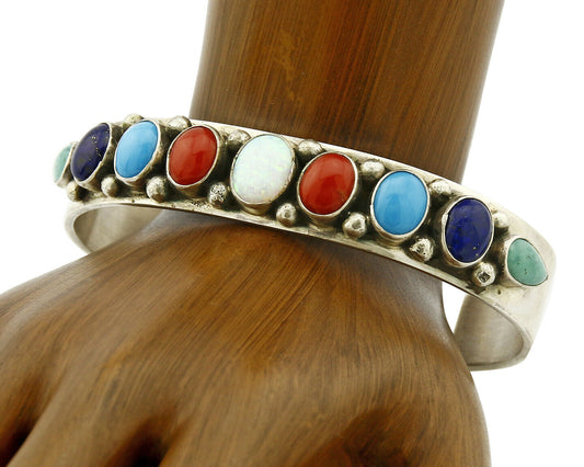 Navajo Gemstone Bracelet .925 Silver Handmade Signed L James C.80's