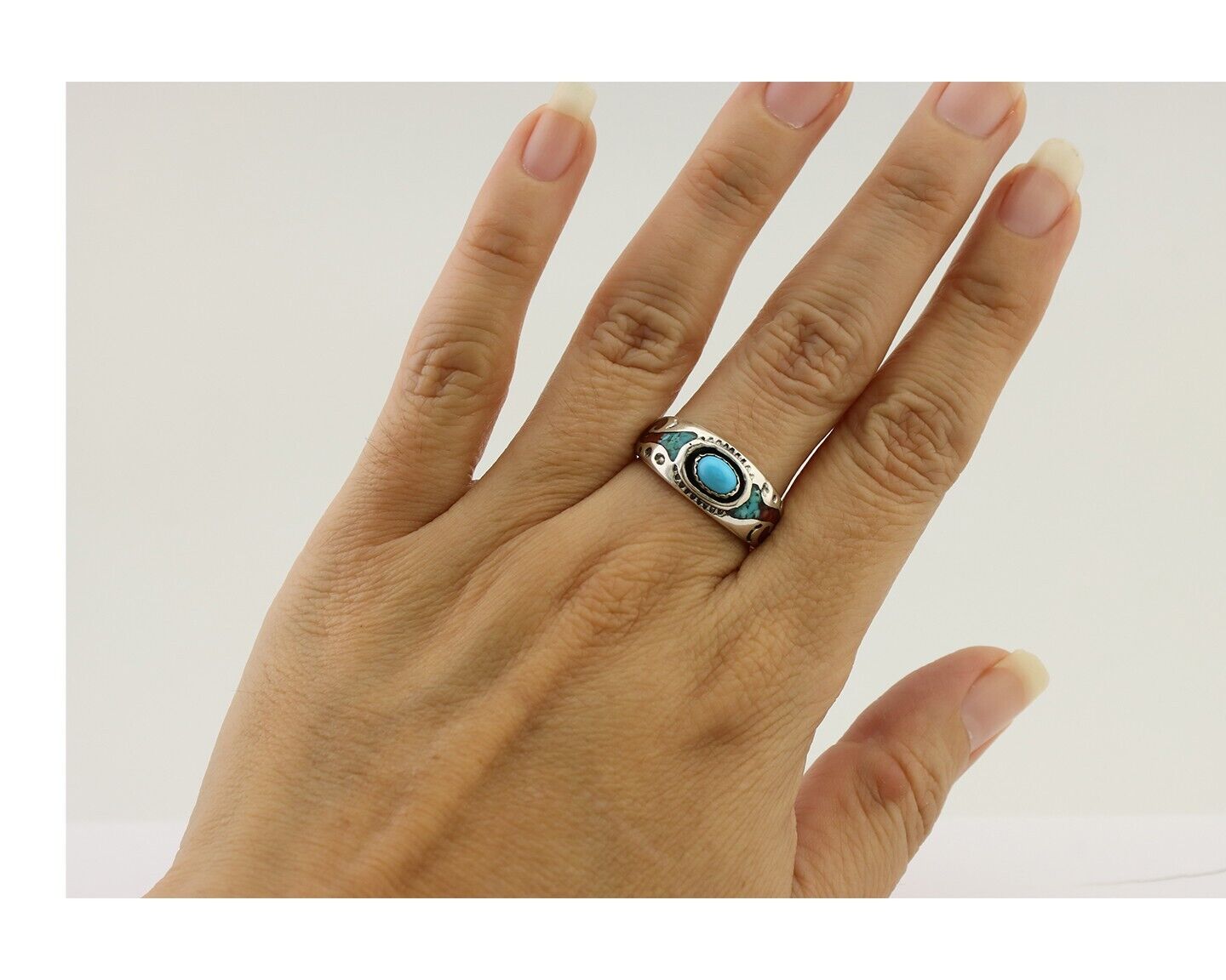 Navajo Ring 925 Silver Turquoise & Coral Natural American Artist C.80's