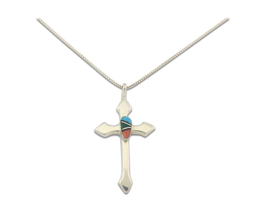 Navajo Cross Necklace Sterling Silver Authentic Natural Gemstones Signed M