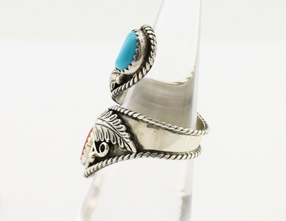 Navajo Adjustable Ring 925 Silver Turquiose & Coral Artist Signed R C.80's