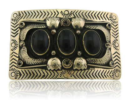 Navajo Concho Belt Buckle .999 Nickel Onyx Native American Artist 2x3 in C.80's